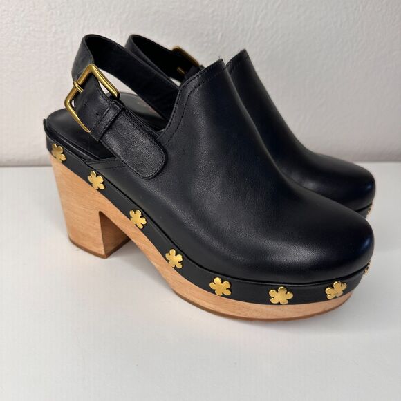 Charlotte Stone Hari Slingback High Heel Clog Size 7 Black Leather Gold Flower - Picture 2 of 10